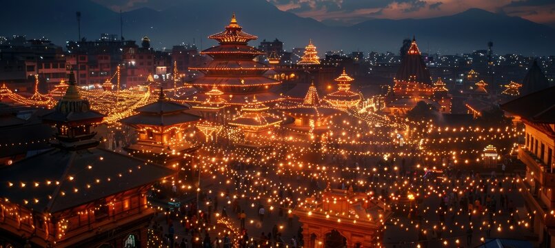 Majestic Nepali Temple Illuminated with Oil Lamps During Tihar Festival at Night