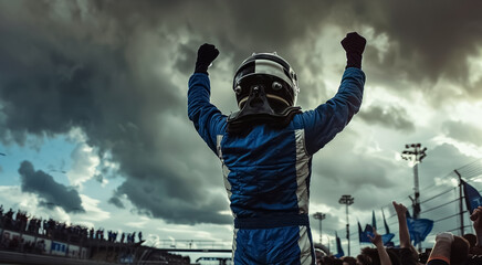 race car driver celebrates victory with arms raised, capturing the excitement, adrenaline, and triumph of motorsport formula one competition