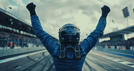 race car driver celebrates victory with arms raised, capturing the excitement, adrenaline, and triumph of motorsport formula one competition