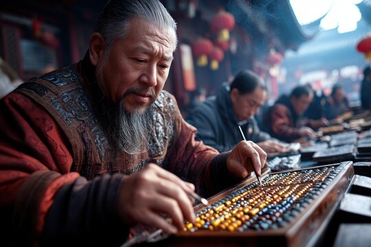 An older man with a serious expression is skillfully using an abacus in a crowded workshop, surrounded by other focused individuals, under a historical Chinese ambiance.