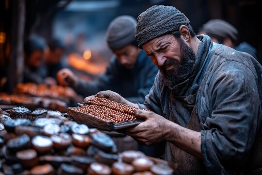 A bearded artisan intensely arranges colorful beads in a lively marketplace, surrounded by other artisans, demonstrating meticulous craftsmanship amidst vibrant activity.