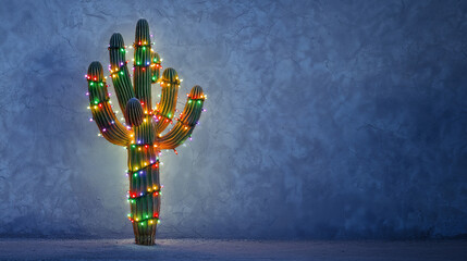 saguaro cactus with Christmas lights in front of a blue adobe wall with space for copy