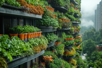 A modern building covered in greenery, showcasing a vertical garden with various plants and flowers growing on balconies.