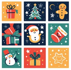 Fototapeta premium colorful, flat illustrations featuring Christmas symbols like a Santa Claus hat and a gingerbread man in playful poses, cheerful and suitable for children's wall art or t-shirt printing.