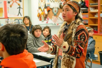 Fototapeta premium Native American Culture Presentation in Classroom on Native Americans Day for Educational Awareness