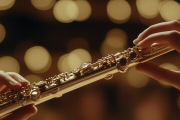 Close-up of a hand playing a classical flute, with a blurred concert hall background-style raw