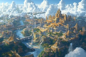 Fototapeta premium Fantasy Cityscape with River, Bridges and Clouds