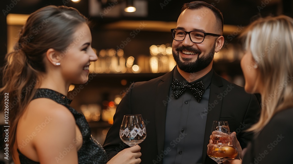 Poster a business professional networking at a high-profile corporate event in an elegant setting