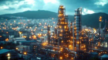 Fototapeta premium A large industrial complex with towering structures, pipelines, and glowing lights. The complex is located in a city, with a blurred cityscape in the background.