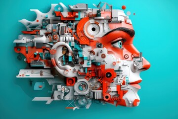 An intricate human profile integrates mechanical gears, circuits, and elements in striking teal and red, symbolizing technology and human innovation.
