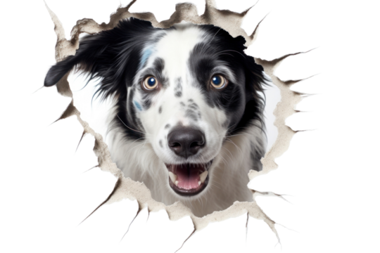 PNG Dog peeking out and try to step through a torn paper hole portrait mammal animal.