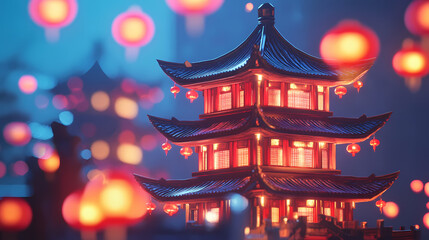 Fototapeta premium A 3d chinese pagoda with soft lighting, representing the traditional architecture of china. Chinese Pagoda. Illustration