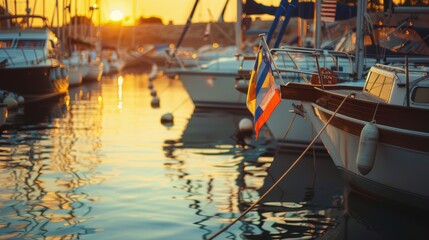 Columbus Day Marina Celebration at Sunset - Boats Docked with Festive Flags
