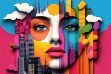 A dynamic cityscape interwoven with an abstract face, featuring colorful elements and architecture, symbolizing urban life and creative expression.