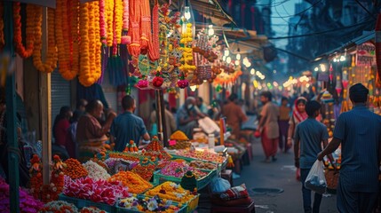Fototapeta premium Vibrant Evening Street Market with Colorful Lakshmi Puja Items for Festive Decor