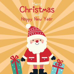 Merry Christmas and Happy New Year with Santa Claus and gifts. Winter holidays card.