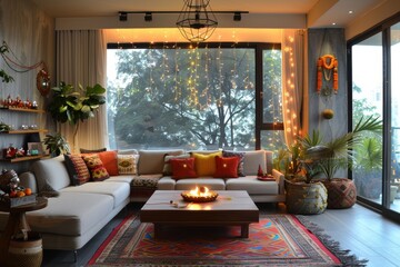 Modern Living Room Decorated for Deepavali with Lights and Traditional Elements