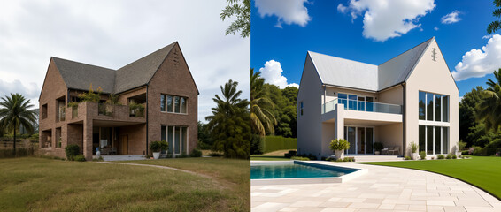 Modern Home Renovation: Before & After. Home Exterior. A Modern Makeover Transforms a Traditional Brick House with a Fresh, White Facade.	