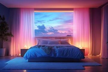 Modern bedroom with a large window overlooking a sunset.  The room is lit with soft pink and blue lights, creating a romantic and relaxing atmosphere.