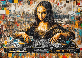 Estores personalizados con tu foto Mona Lisa as a DJ mixing music on turntables, modern street art reinterpretation