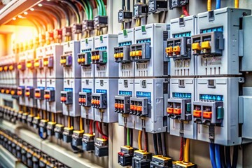 High-resolution images of circuit breakers on electrical panels in industrial and residential settings