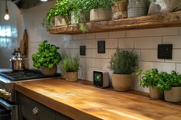 Modern kitchen countertop with potted plants, a smart speaker, and a wooden shelf.