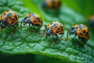 Fototapeta premium Four ladybugs crawl in a line on a green leaf.