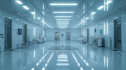 Sterile white corridor with medical equipment and bright lights, leading to a closed door at the end.