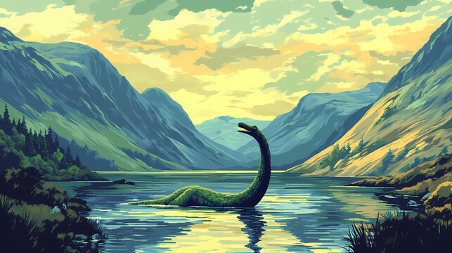 A pixelated loch ness monster emerges from the depths of the scottish highlands. Scottish Highlands. Illustration