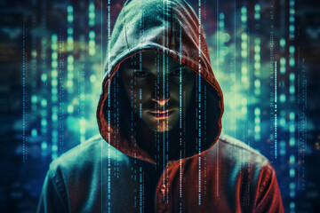 Portrait of a male hacker with a hoodie standing in digital noise, hacker from the matrix, typical hacker