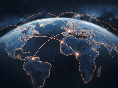 Red cu&aacute;ntica global con nodos brillantes que conectan continentes
