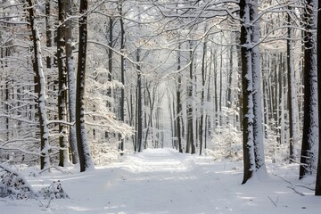 A serene snow-covered path through a winter forest, with trees blanketed in snow