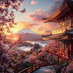 Fujiyoshida japan beautiful view of mountain fuji and chureito pagoda at sunset japan in the spring with cherry blossoms.