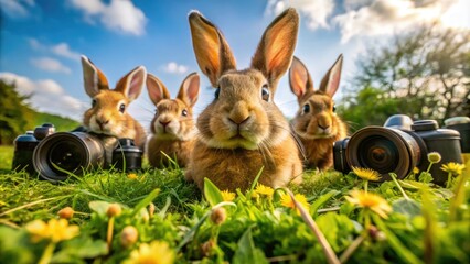 Fototapeta premium Hilarious Moments Captured: Adorable Rabbits in Comical Poses and Funny Situations in Nature