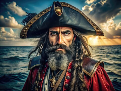 Historical depictions of a notorious pirate with a dark beard and traditional pirate attire at sea