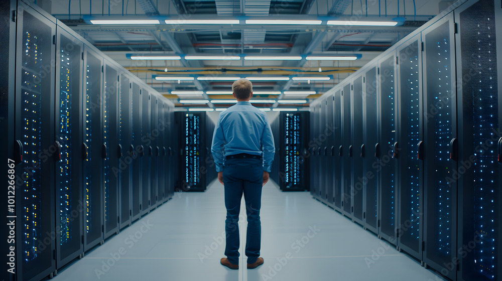 Poster system engineer stands amidst a cyber room | expert overseeing advanced it infrastructure and cybers
