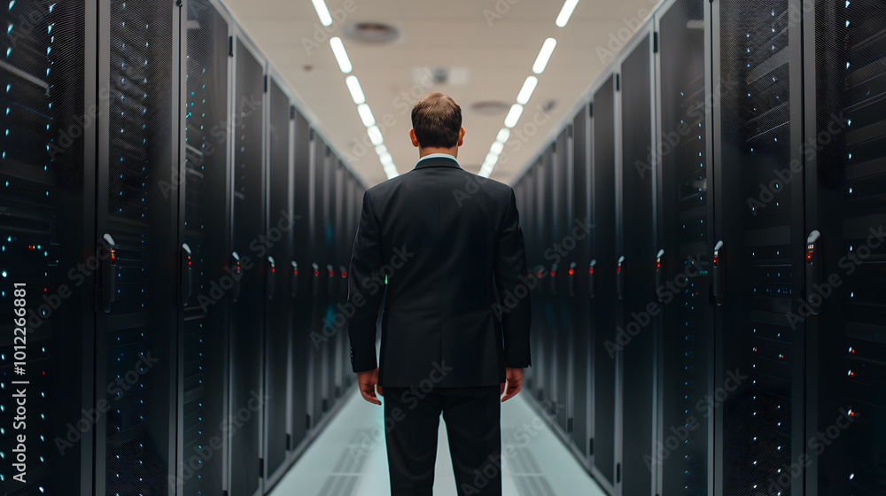Poster system engineer stands amidst a cyber room | expert overseeing advanced it infrastructure and cybers