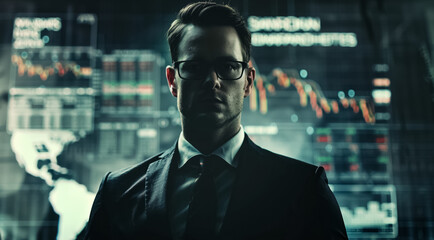 Fototapeta premium professional confident businessman stands by screen with stock market data and charts, leadership, technology, and financial success concept, forex and cryptocurrency trading background