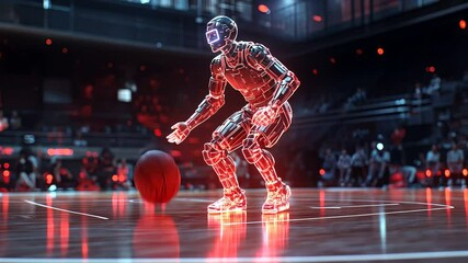 A high-tech robot showcases impressive basketball skills in an arena filled with excited spectators enjoying the cutting-edge competition - Powered by Adobe