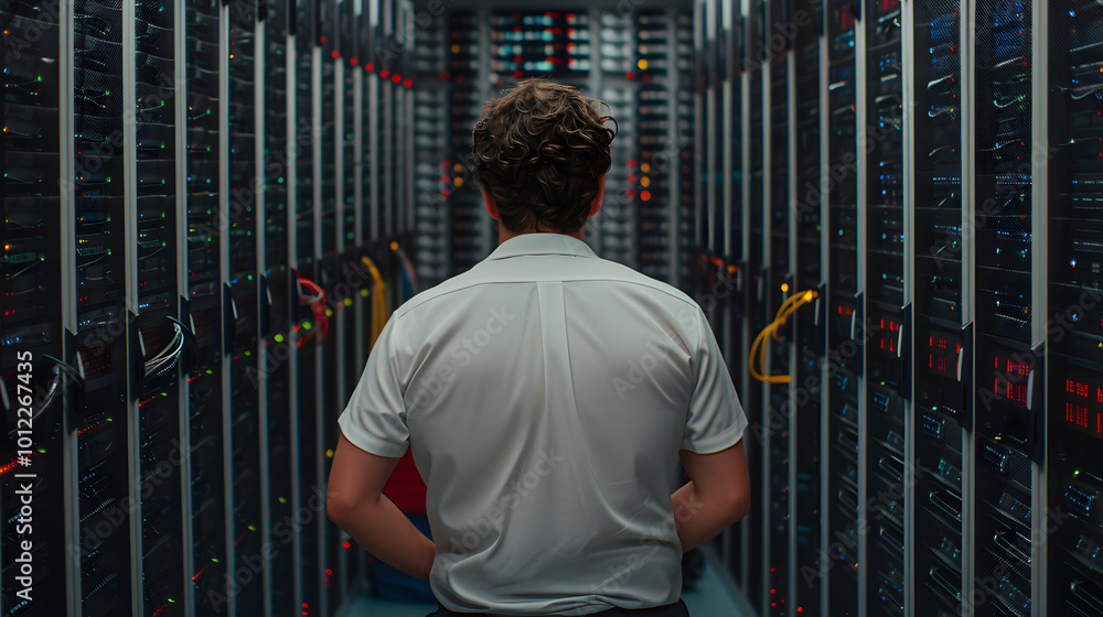 Poster system engineer stands amidst a cyber room | expert overseeing advanced it infrastructure and cybers