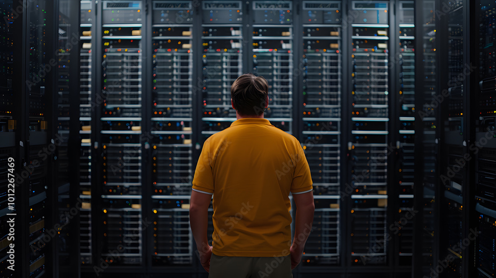 Poster system engineer stands amidst a cyber room | expert overseeing advanced it infrastructure and cybers