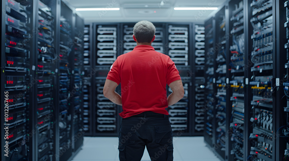 Poster system engineer stands amidst a cyber room | expert overseeing advanced it infrastructure and cybers