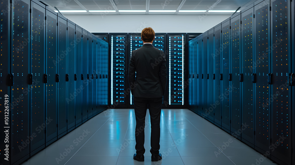 Poster system engineer stands amidst a cyber room | expert overseeing advanced it infrastructure and cybers