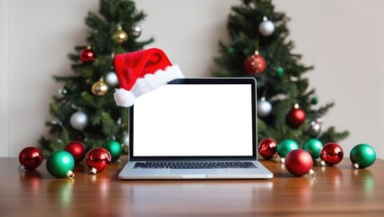 Laptop mockup for Christmas with Santa&rsquo;s hat and a white screen, surrounded by holiday decorations on a table. Festive setting for holiday designs and marketing.