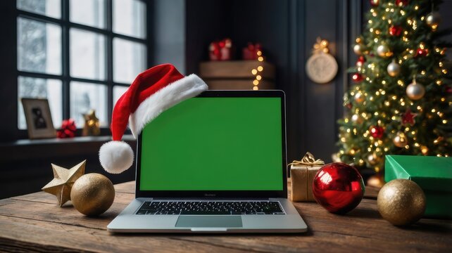 Festive laptop mockup with Santa&rsquo;s hat and green screen on a table surrounded by Christmas decorations. Great for holiday-themed presentations and marketing.