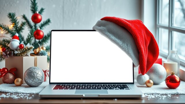 Festive Christmas mockup featuring a laptop with a blank screen and Santa’s hat, surrounded by holiday decorations on a table. Ideal for digital and seasonal designs.