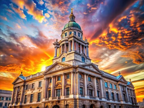 Historic Old Bailey Courthouse in London, UK with architectural details and dramatic sky backdrop