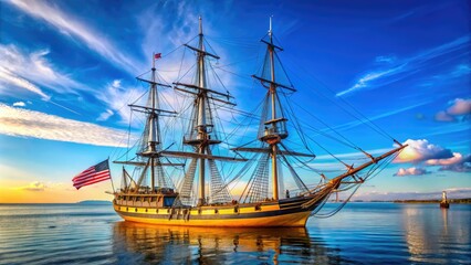 Fototapeta premium Historic Ship Representing the United States Constitution Sailing on Calm Waters in a Clear Sky