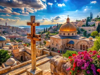 Fototapeta premium Historic site of Jesus' crucifixion and burial, showcasing ancient architecture and spiritual significance
