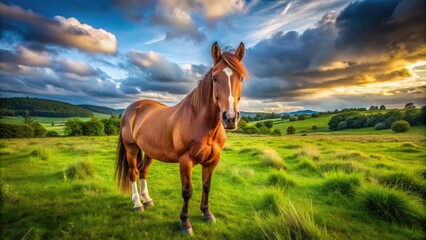 Horse in a pasture relieving itself, showcasing natural behavior in a serene rural environment